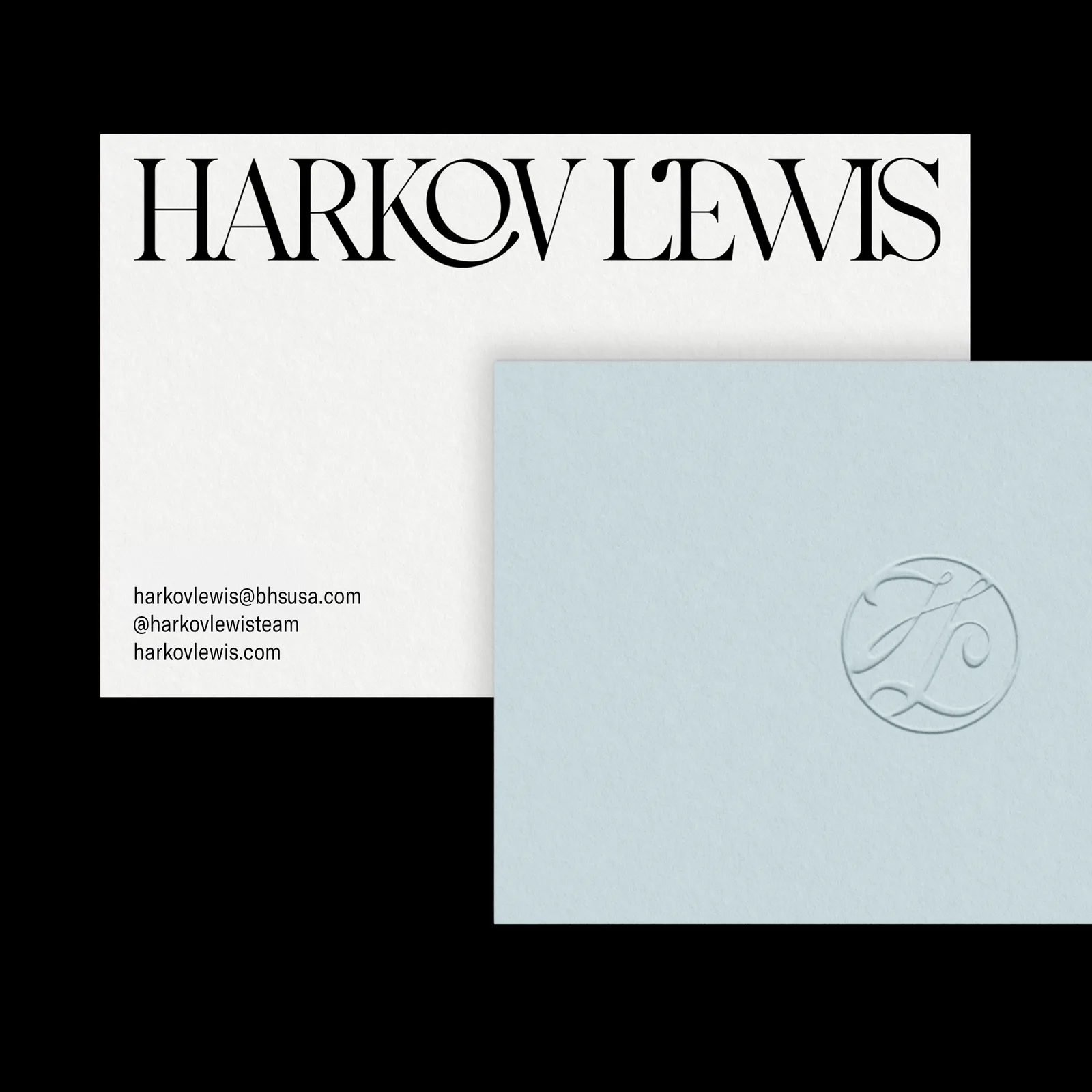 Harkov Lewis business cards with embossed monogram